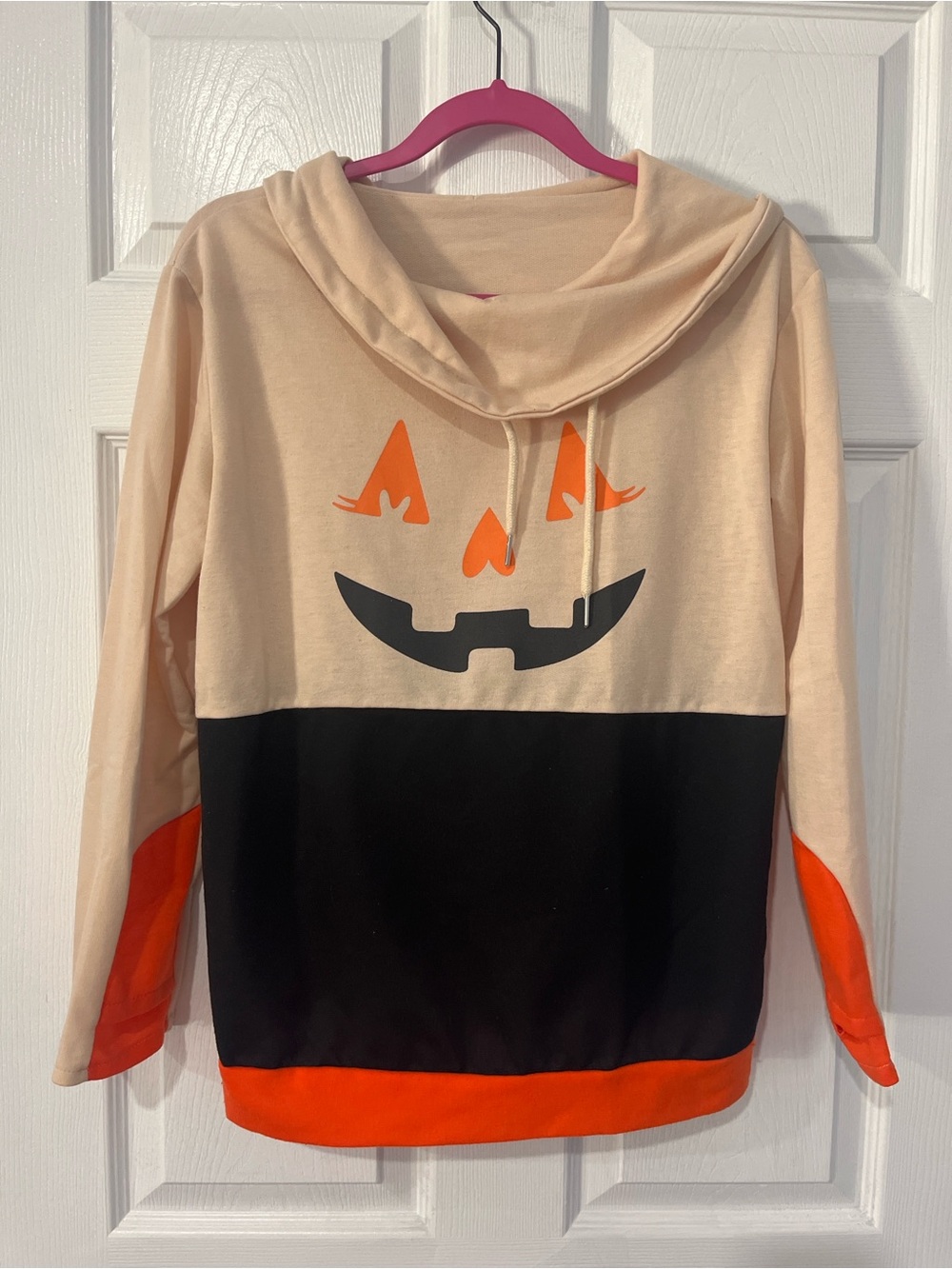 Women’s Pumpkin Face Colorblock Hoodie - Cream, Black & Orange